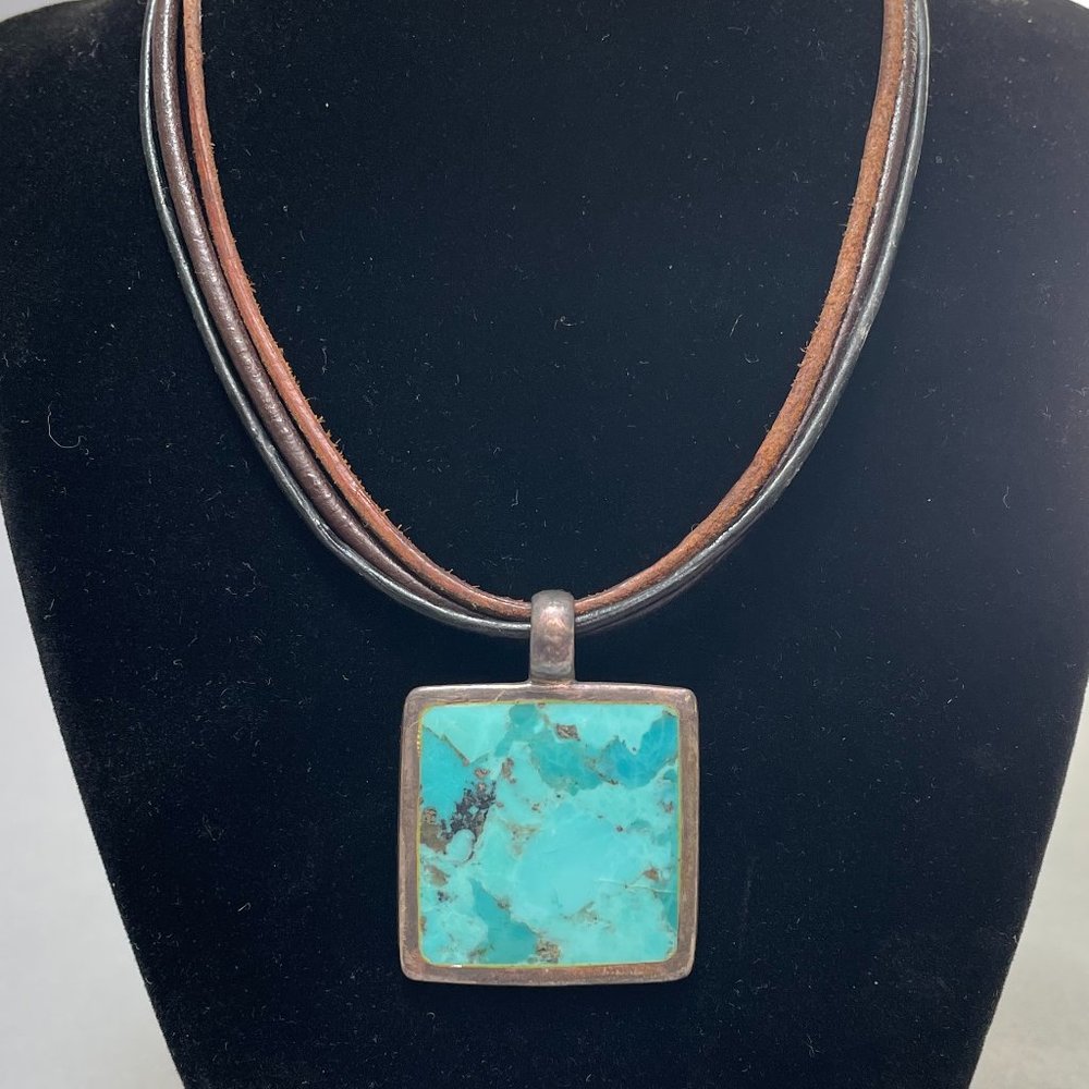 Square Turquoise and Sterling Silver Pendant on Leather Choker / Necklace